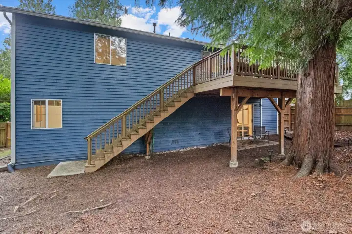 Winter view of the backyard featuring a deck and patio that enhance the property.