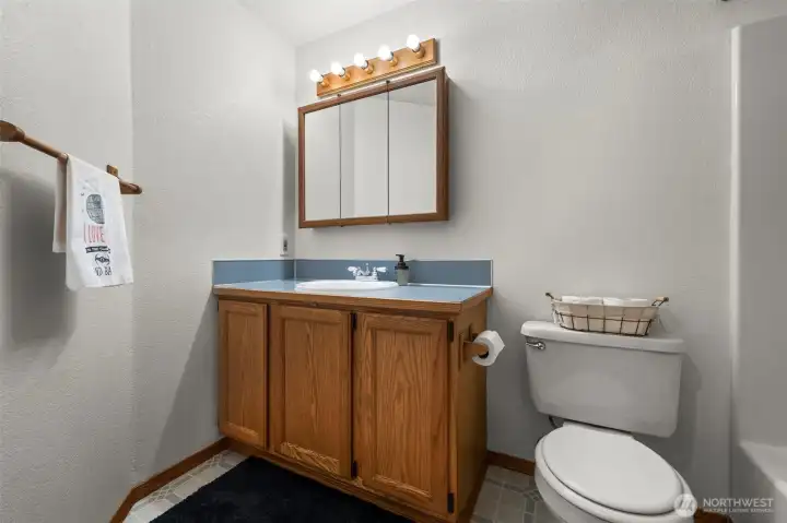 Hallway bathroom with tub/shower combo.