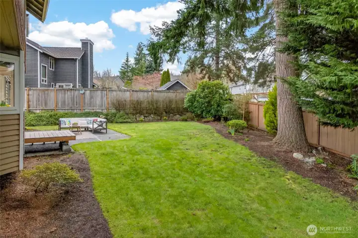 This angle captures the depth of the yard and the privacy created by fencing, trees, and established greenery. It is a setting that feels both open enough to enjoy and sheltered enough to feel calm.