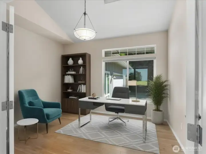 Office with French doors, virtually staged