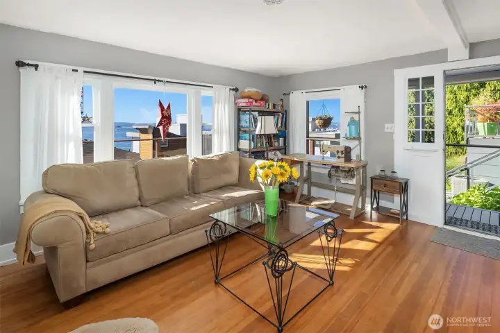 Lower level living room with gas fireplace.