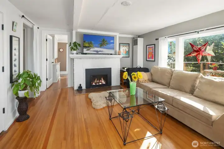 Lower level living room with gas fireplace.