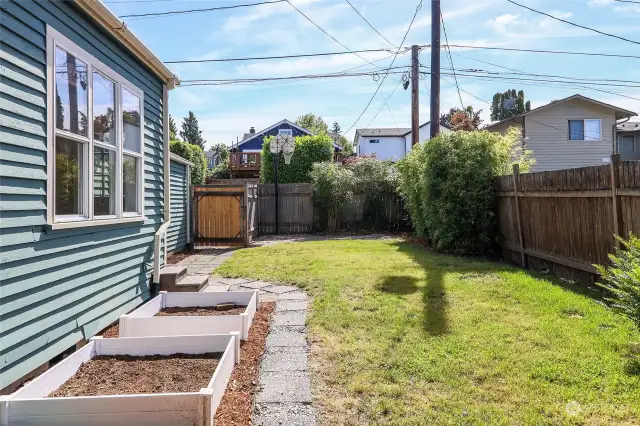 Rear yard with fence and garden boxes