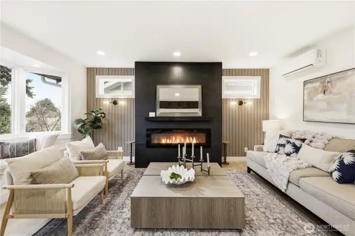 Living room feature wall with electric fireplace.