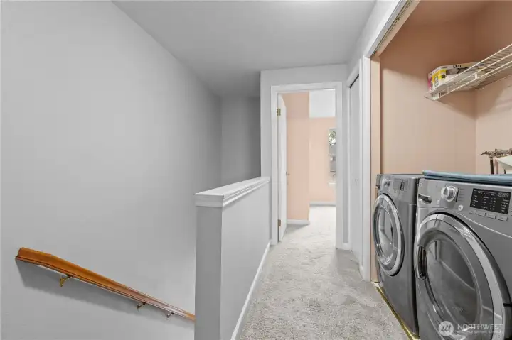 Upstairs hallway with convenient upstairs laundry between suites