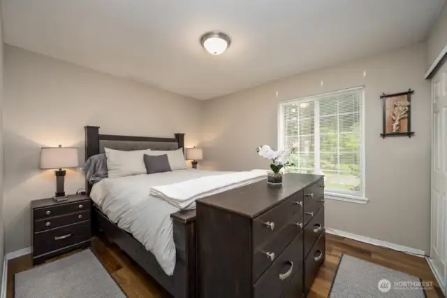Primary is big enough for a king and full dresser.  Currently has a queen and two night stands with room to spare.