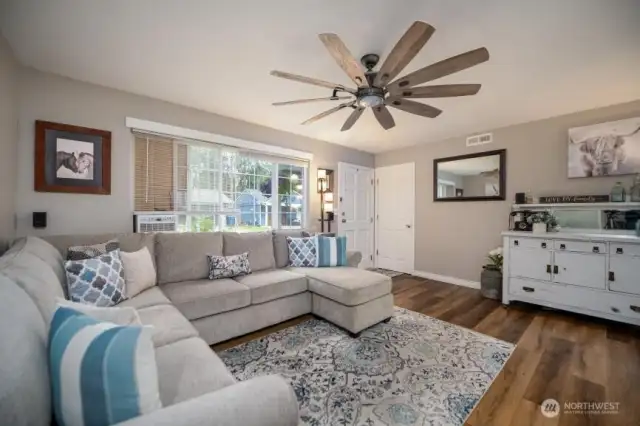 Window air-conditioner stays and cools the house well. Love the fan to help move air in winter and summer.