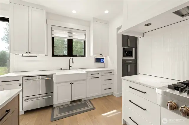 Farm style sink basin makers clean up a dream. Dishwater brand is Cafe. The built-in espresso machine is a Wolf.