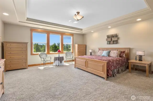 The primary bedroom is huge! Features coffered ceilings, accent lighting and has a door out to the patio! Perfect for morning coffee!