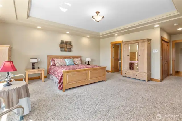 This large primary bedroom has closets in the room plus off the primary full bathroom is a HUGE walk-in closet/dressing room. Notice the accent lighting and the coffered ceilings!