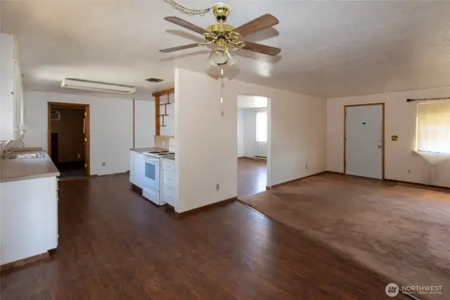 Kitchen, dining and living