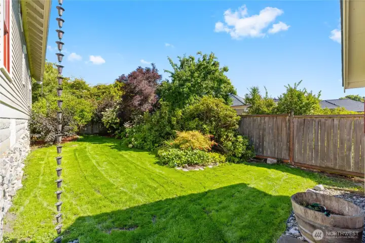 Lush, green side yard with professional landscaping and irrigation.  That shadow is the roof of the Garage with a door to access from here.
