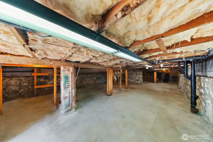 Fabulous Basement Storage Space.  Over 1200 sq feet of clean, dry well lit, with 6.5 - 7.0 ft ceilings.  This photo has been edited to remove some objects to give a better idea of the useable space.