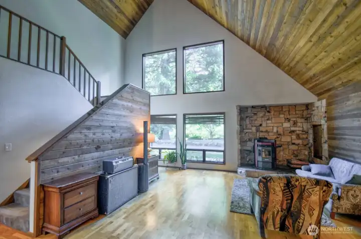 Great room with wood ceiling.