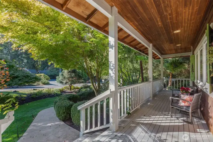 A lovely covered wrap-around porch provides endless hours of enjoyment for reading, visiting, morning coffee, serving as a respite on sunny or rainy days.