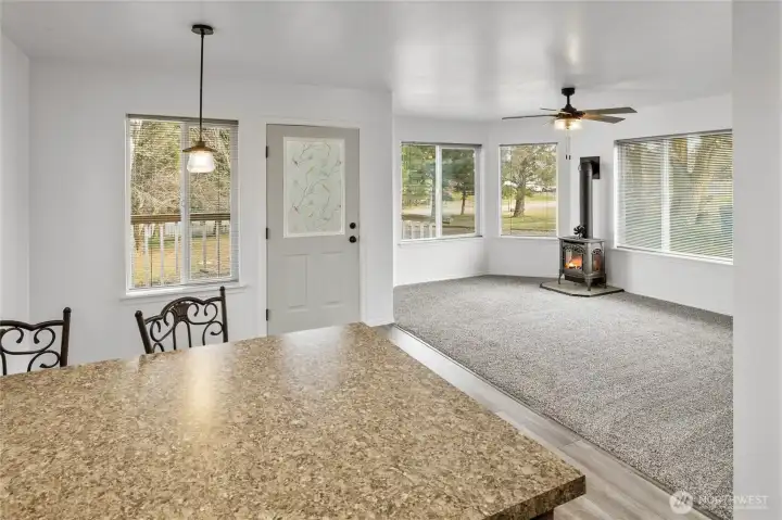 Kitchen view as you look at living and dining room.