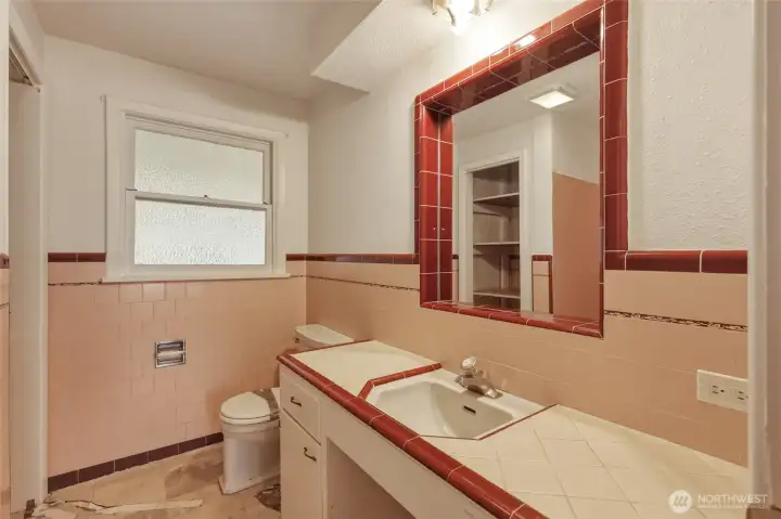 More classic tile in the bathroom - don't miss the swans!