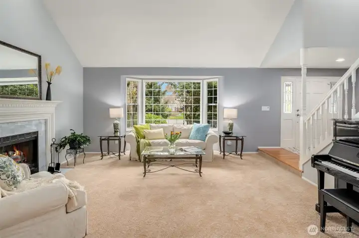 Living room looks out over the cul-de-sac