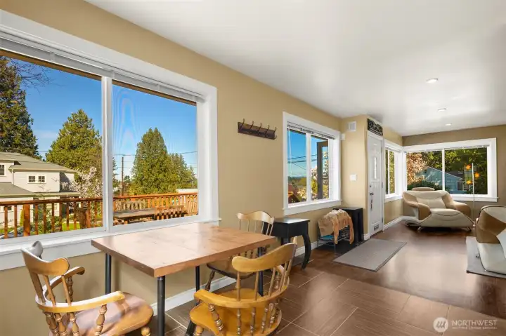 A wonderful new deck and spacious yard view for the dining table.