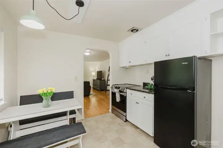 Kitchen looking out to living room