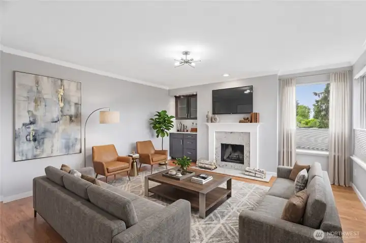 Stylish living room anchored by a cozy fireplace and sophisticated furniture arrangement.