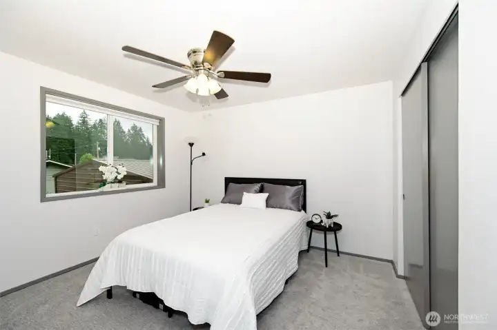 One of the two bedrooms on the upper level. One of the two bedrooms on the upper level.