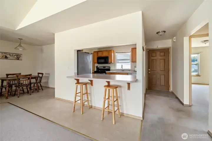 Eating bar between kitchen and living room. Eating bar between kitchen and living room.