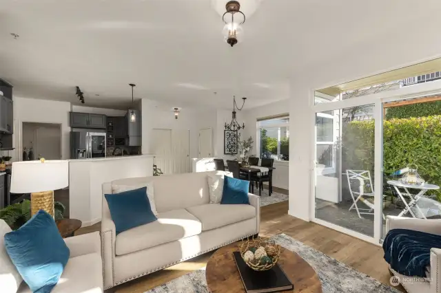 Living room opens up to patio.