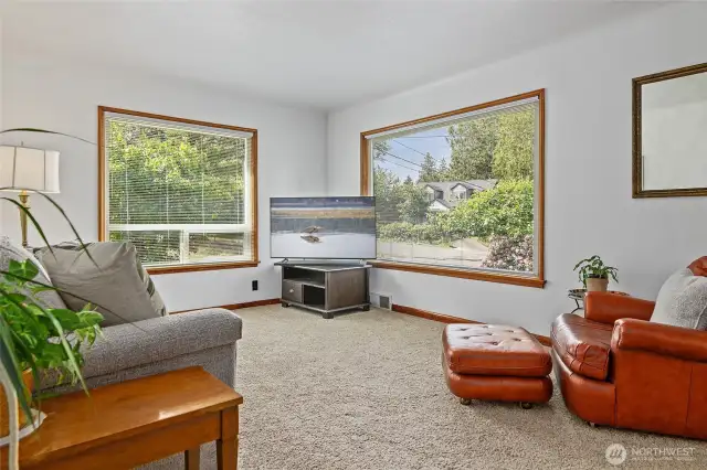Interior blinds on picture windows offer slats for light control