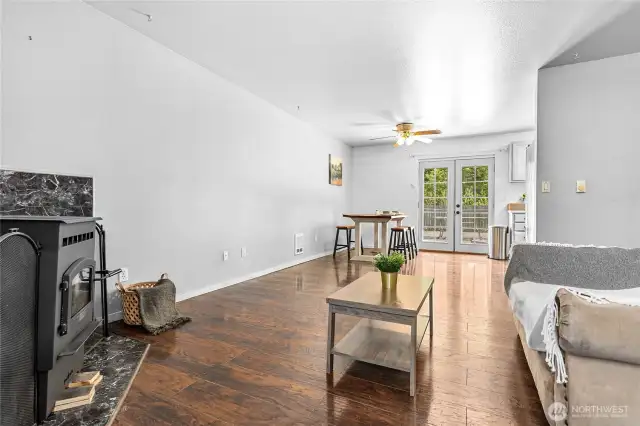The spacious living room opens to a dining area, and is well designed for entertaining.