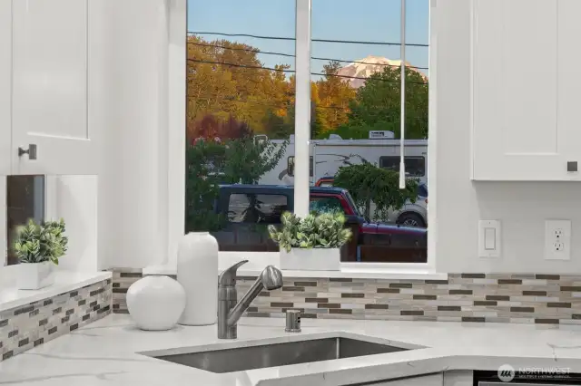 A view of majestic Mt. Rainier turns daily tasks like doing the dishes into something surprisingly serene.