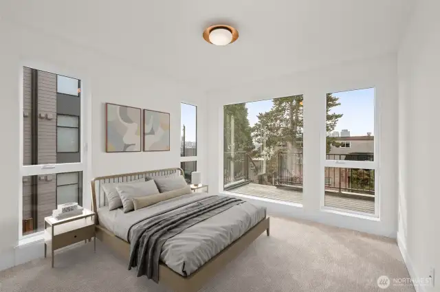 Light and bright, this guest bedroom is ready to host your loved ones. This image is virtually staged.
