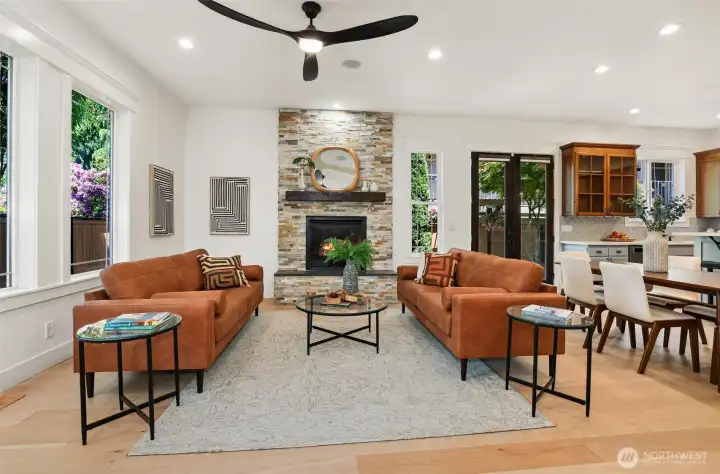 Living room features a large gas fireplace for cozy gatherings.  A great space for entertaining guests or family.