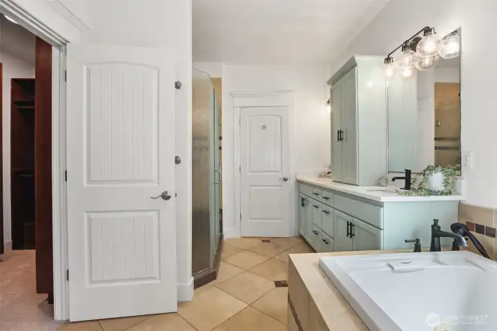 Luxurious 5-piece primary bathroom with walk-in shower and big soaking tub.  Walk-in closet is spacious and fully built out.