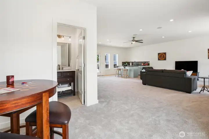 Corner nook is a great spot for exercise equipment or game table.
