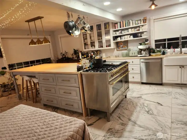 Custom range and large kitchen island