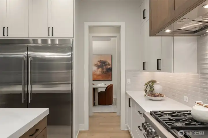 Thermador 48” range, 60” double-door refrigerator/freezer