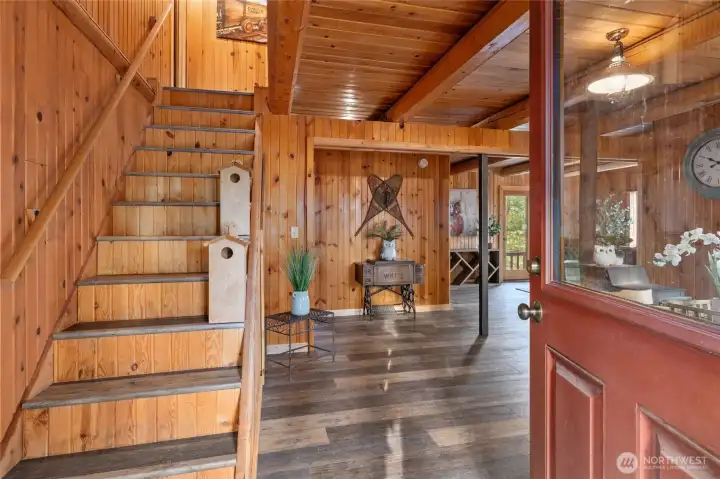 Rustic wood accents provide a warm welcome.