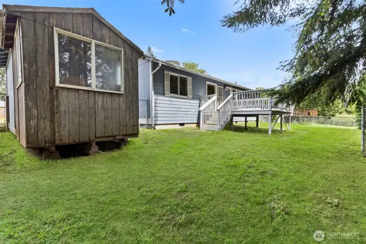 Backyard, storage shed, fenced, grass has been enhanced