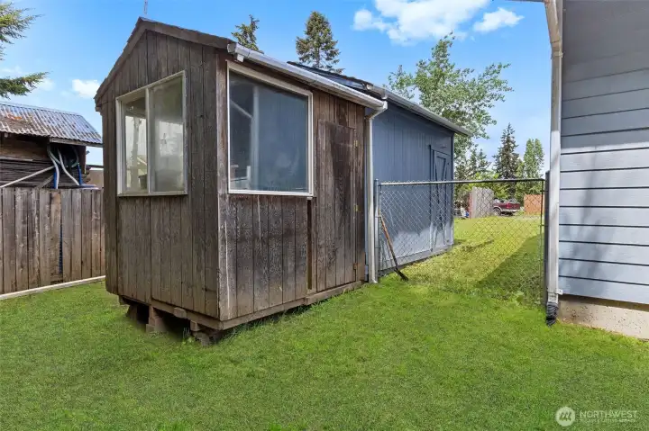 Backyard, storage shed, fenced, grass has been enhanced