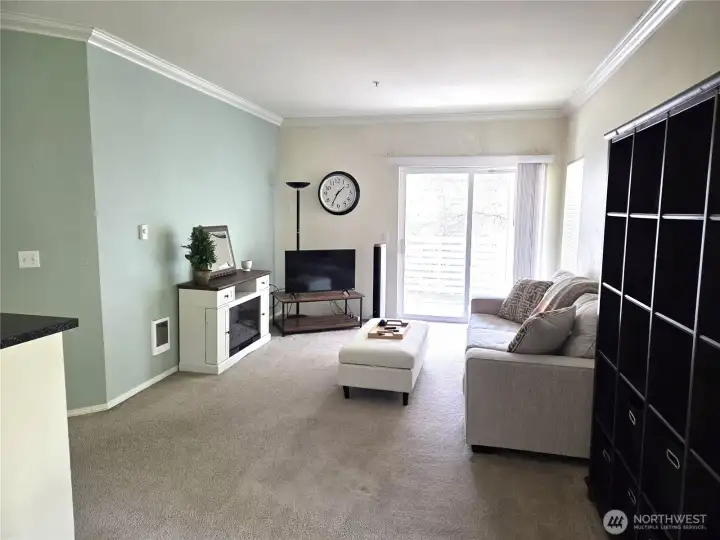 Large living room with slider to deck