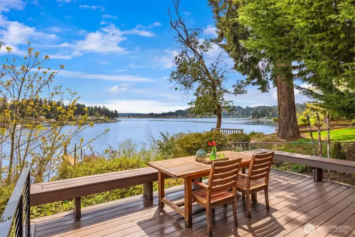 Soak it all in from the large deck with built-in benches constructed from vinyl-clad planks for durability and easy maintenance.