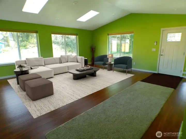 Open-concept living with vaulted ceilings, skylights, greenbelt views and rich hardwood floors (virtually staged). Open-concept living with vaulted ceilings, skylights, greenbelt views and rich hardwood floors (virtually staged).
