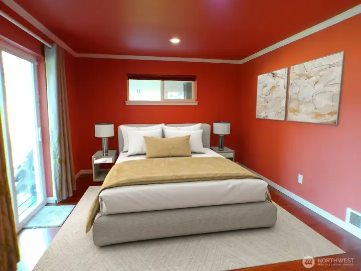 Sun-lit primary bedroom with room for a king bed and direct sliding door patio access (virtually staged). Sun-lit primary bedroom with room for a king bed and direct sliding door patio access (virtually staged).