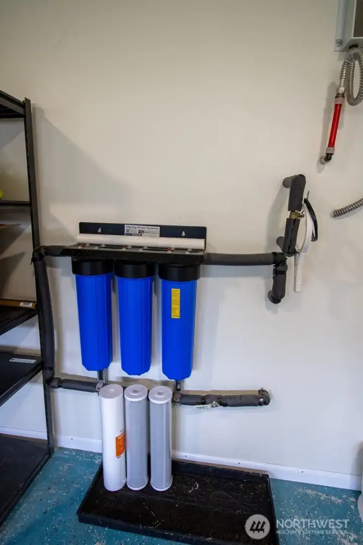 Whole-house three-stage water filtration system for clean, filtered water throughout the home. Whole-house three-stage water filtration system for clean, filtered water throughout the home.