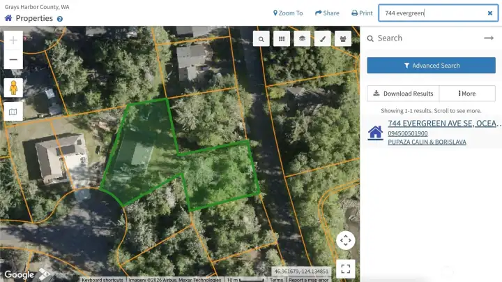 Aerial parcel map showing the property's boundary and full lot extent. Aerial parcel map showing the property's boundary and full lot extent.