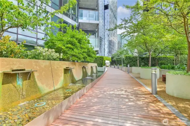 Waterfall features in urban garden