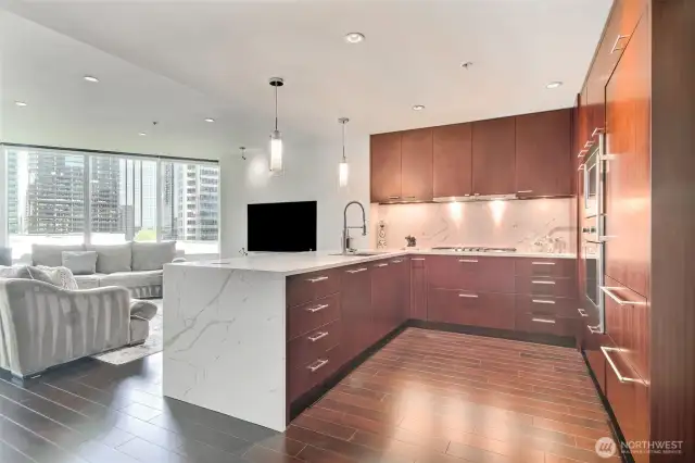 Contemporary kitchen with waterfall quartz counter top