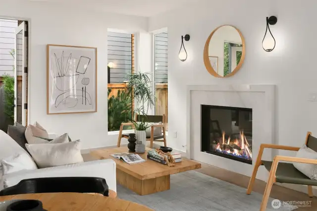 Gas Fireplace and Floor to Ceiling Windows