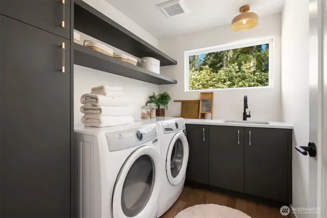 Laundry Room with Custom Cabinetry and Shelves- Washer and Dryer Provided